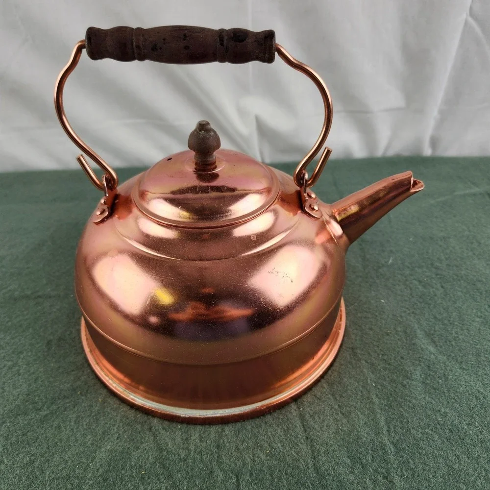 Vintage Copper Tea Kettle‎ Wood Handle Hong Kong Rustic Country Decor